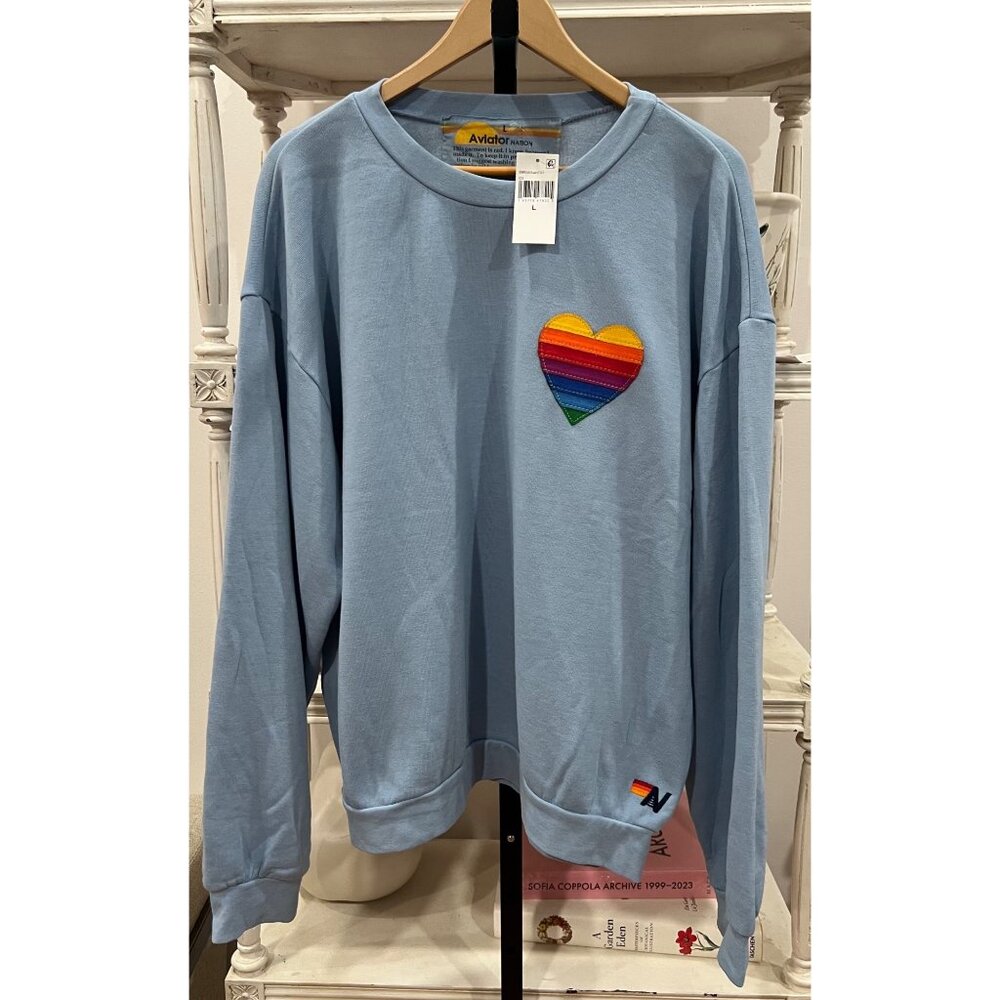 Aviator Nation Rainbow Heart Stitch Crewneck Sweatshirt Size Lage - Picture 2 of 3